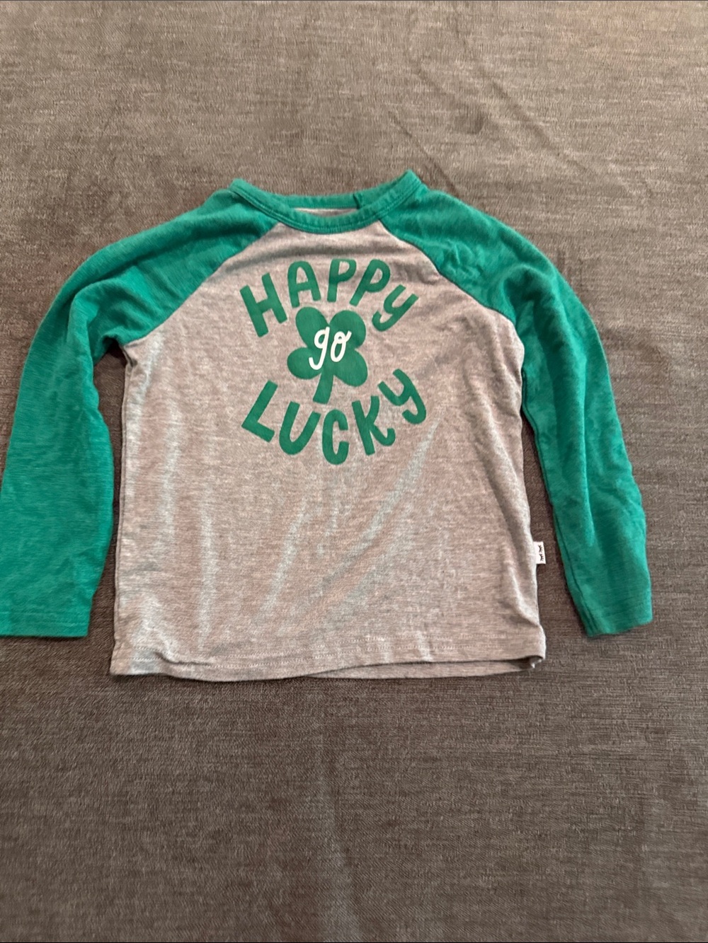 Little Sleepies Grey Tee with Green Raglan Sleeves and Shamrock Graphic